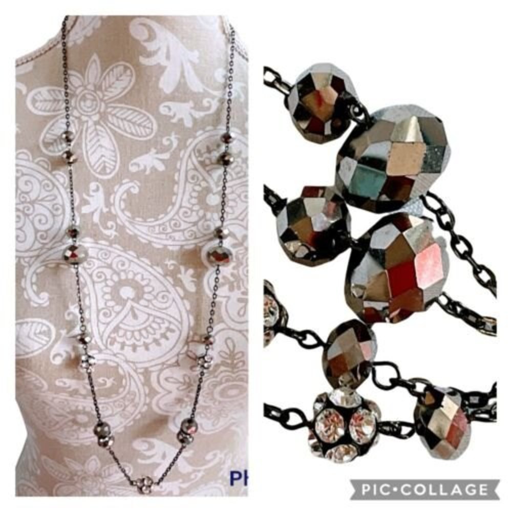 35” Black Chain Ab Black stones w Rhinestone Ball Faceted Beads Long Necklace